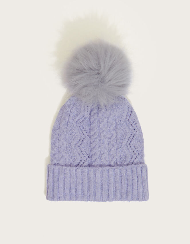 Pom-Pom Cable Knit Hat, , large