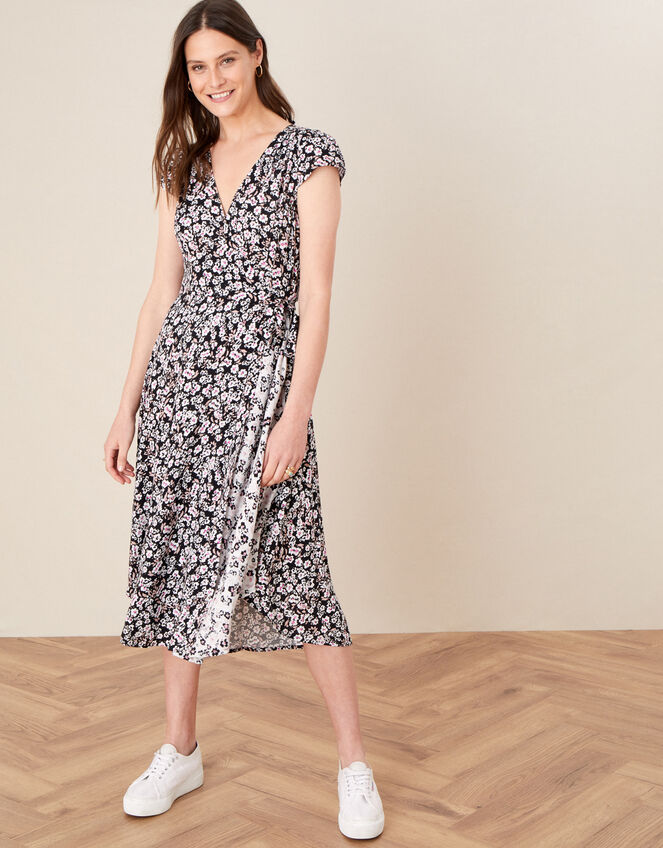 Floral Print Wrap Dress, Black (BLACK), large