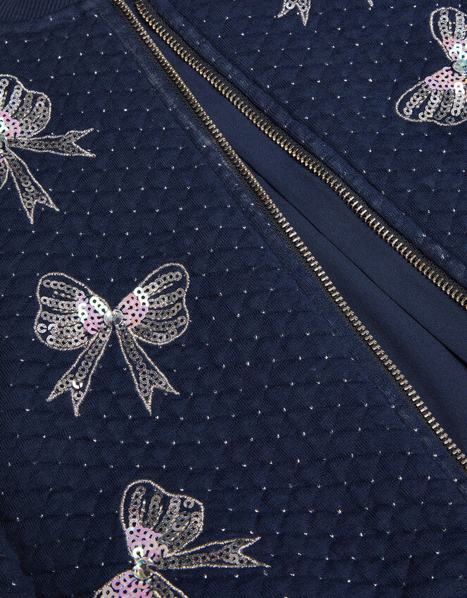 Embellished Sequin Bow Bomber Jacket, Blue (NAVY), large