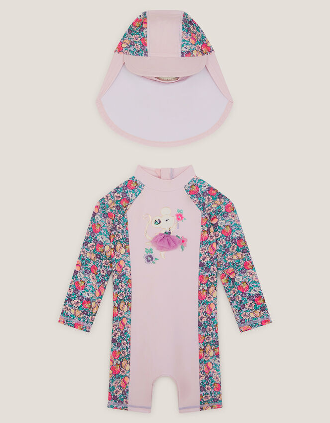 Baby Shell Print UPF50+ Swimsuit & Sun Hat Set, Pink (PINK), large