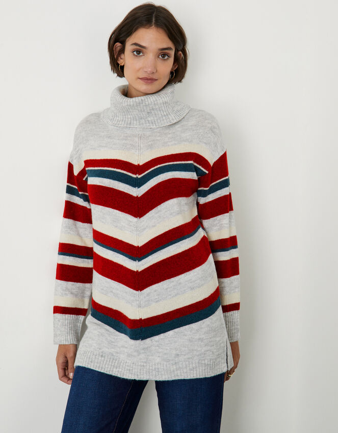 Aneta Cowl Neck Chevron Stripe Jumper, Grey (GREY), large