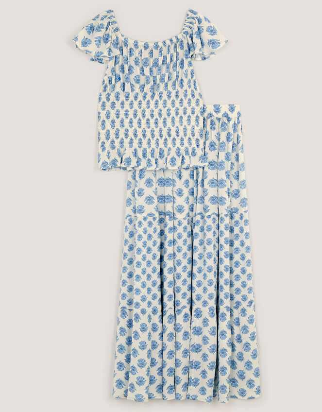 Floral Print Smocked Top & Maxi Skirt Set, White (WHITE), large