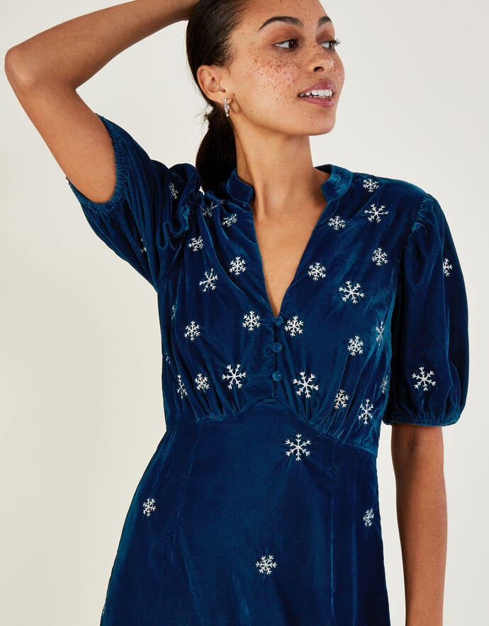 Patrice Velvet Embroidered Tea Dress Blue