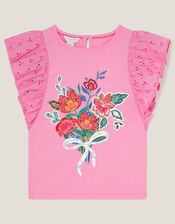 Floral Bouquet Broderie Frill Top, Pink (PINK), large