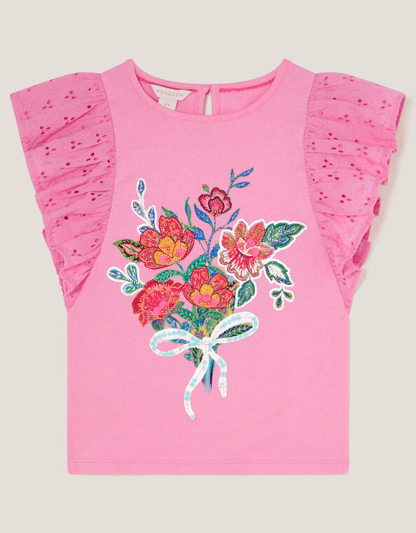 Floral Bouquet Broderie Frill Top, Pink (PINK), large
