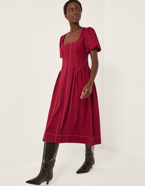 Sapna Puff Sleeve Jersey Midi Dress, Red (BERRY), large