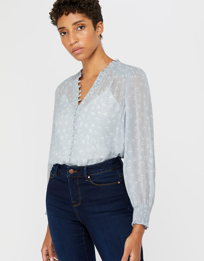 Hatty Horseshoe Print Blouse, Blue (BLUE), large