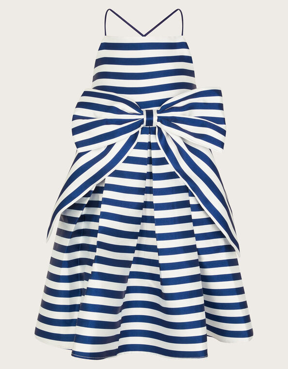 Stripe Bow Twill Party Dress, Blue (BLUE), large