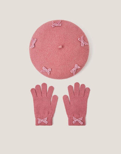 Bow Beret & Gloves Set, Pink (PINK), large