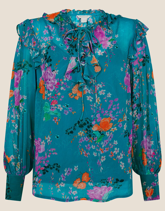 Omi Floral Frill Blouse, Blue (BLUE), large