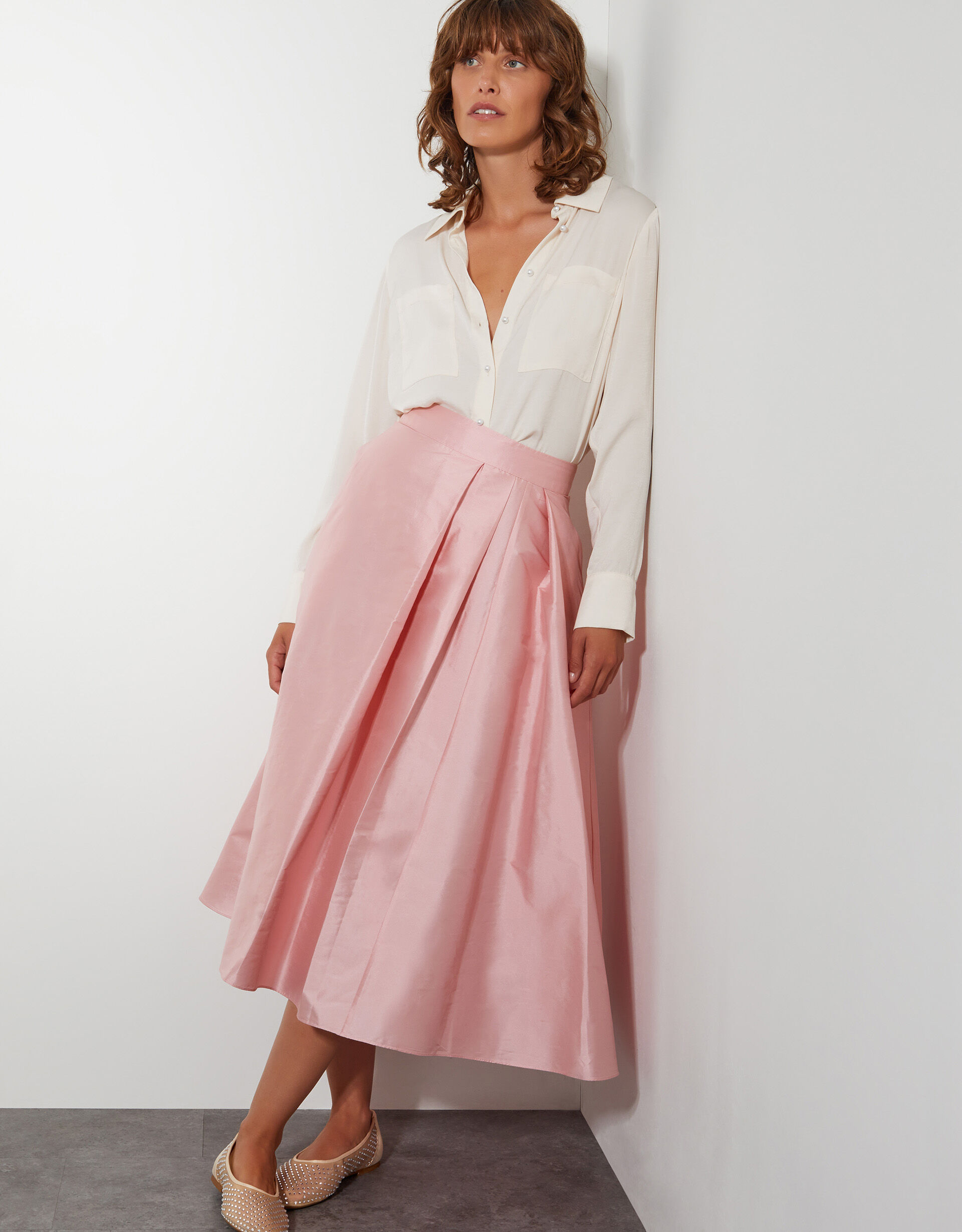 Pleated midi skirt blush shop