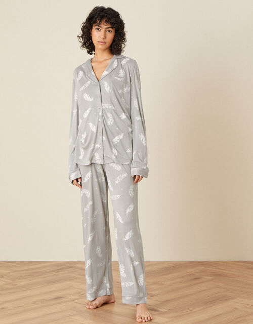Feather Print Jersey PJ Set, Grey (GREY), large