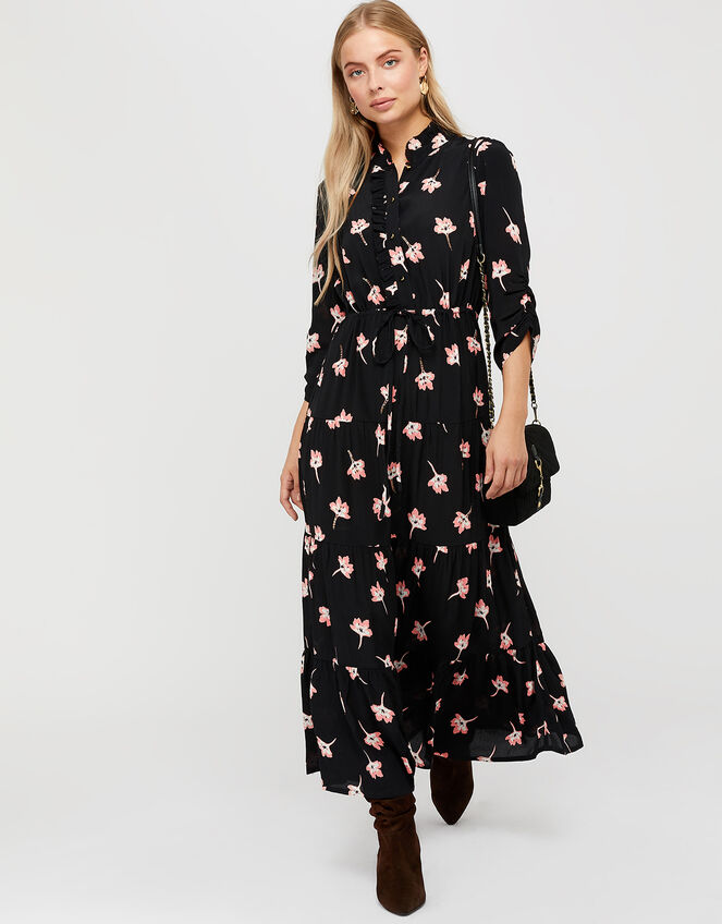 Mazi Floral Print Tiered Dress, Black (BLACK), large