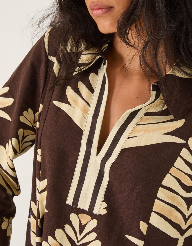 Pamela Linen Blend Leaf Print Top Brown
