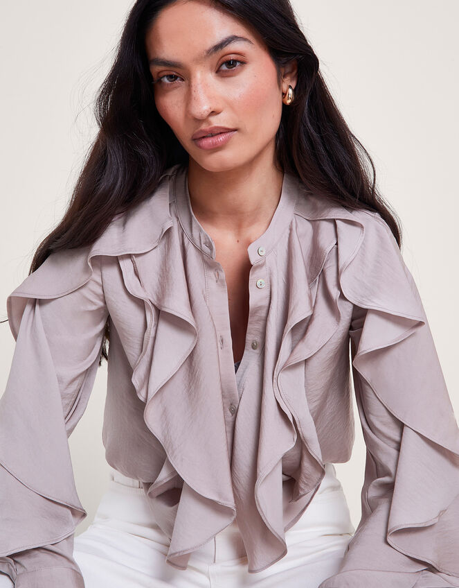Lola Satin Ruffle Blouse, Mink (MINK), large