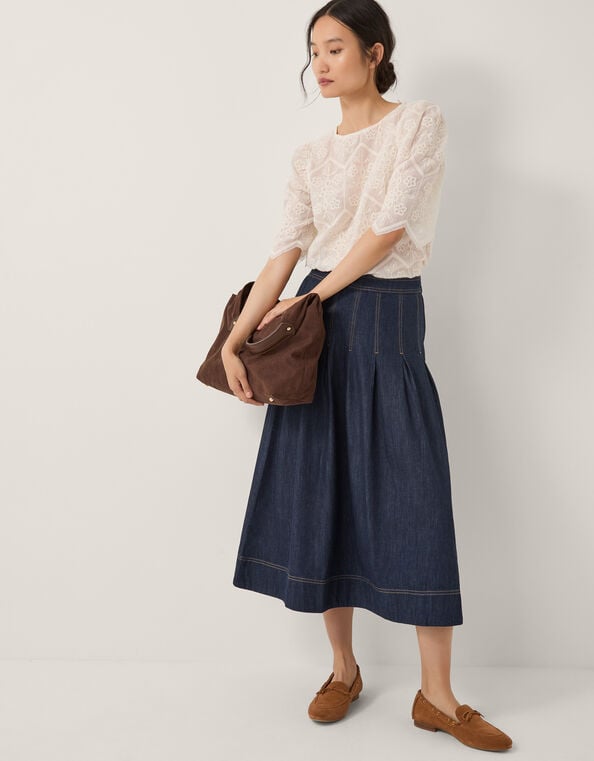 Darcie Pleated Denim Midi Skirt, Blue (INDIGO), large