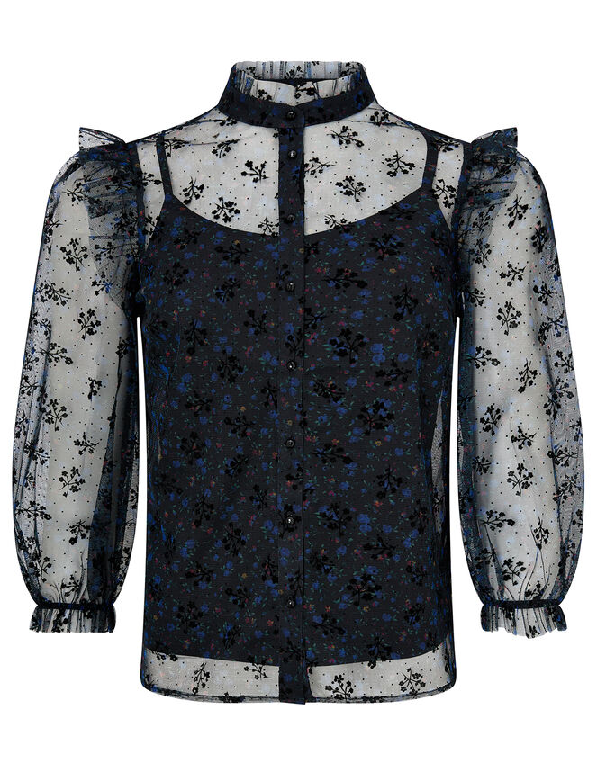 Floral Print Lace Blouse, Black (BLACK), large