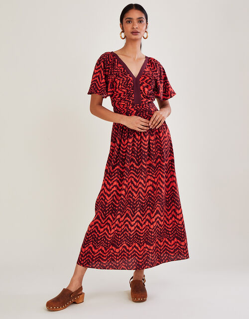 V Neck Zig-Zag Animal Print Dress, Red (RED), large