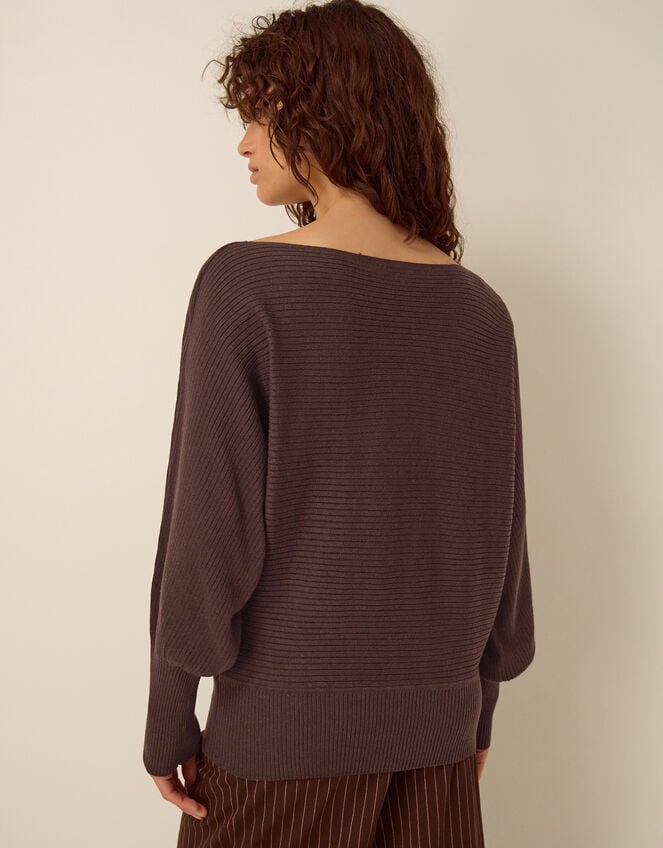 Remi Ribbed Boat Neck Jumper, Brown (CHOCOLATE), large
