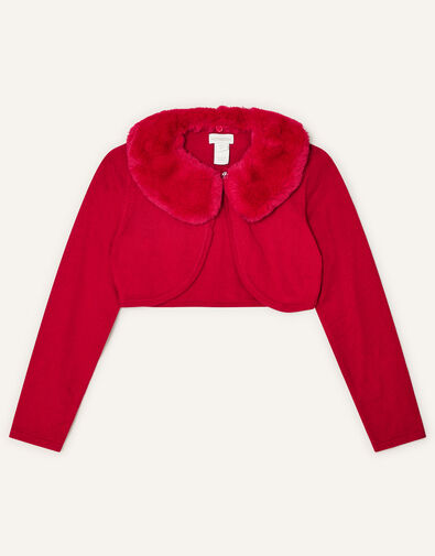 Super-Soft Faux Fur Collar Cardigan, Red (RED), large