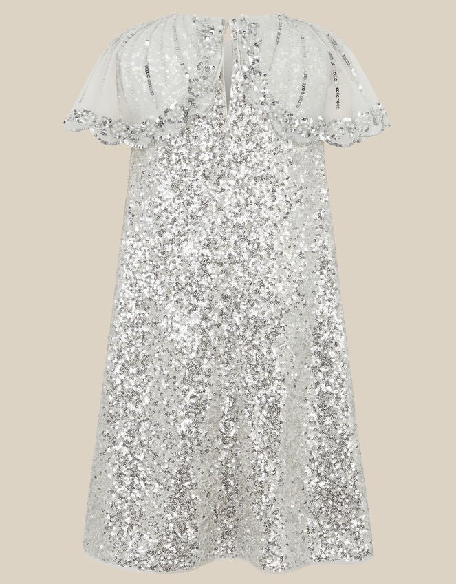 Monsoon x Queens of Archive Cape Sleeve Sequin Party Dress, Silver (SILVER), large