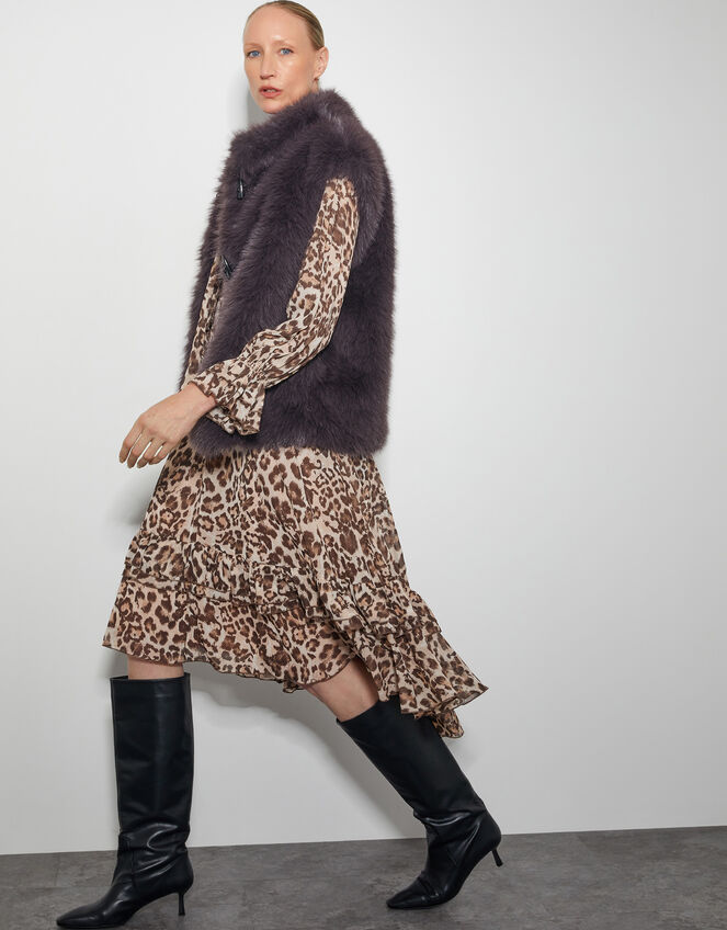 Allegra Pussybow Leopard Print Midi Dress, Brown (BROWN), large