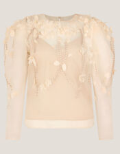 Gwen Floral Appliqué Organza Top, Cream (CREAM), large
