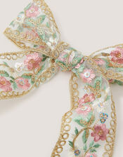 Floral Embroidered Bow Hair Clip, , large