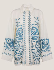 Cora Leaf Embroidered Shirt, White (WHITE), large