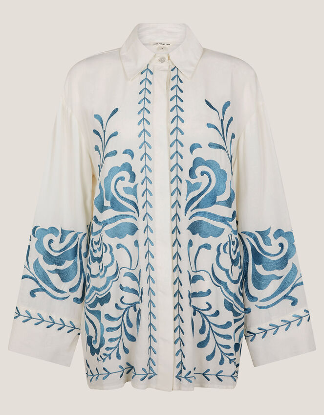 Cora Leaf Embroidered Shirt, White (WHITE), large