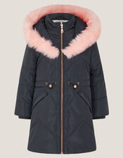 Hooded Faux Fur Puffer Coat, Blue (NAVY), large