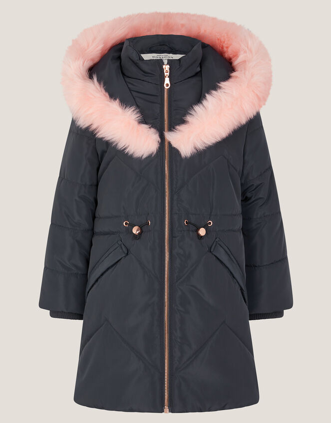 Hooded Faux Fur Puffer Coat, Blue (NAVY), large