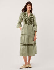 Gaia Embroidered Gingham Midi Dress, Green (GREEN), large