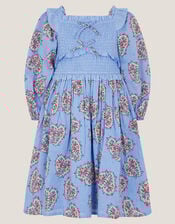 Floral Heart Long Sleeve Smocked Dress, Blue (BLUE), large
