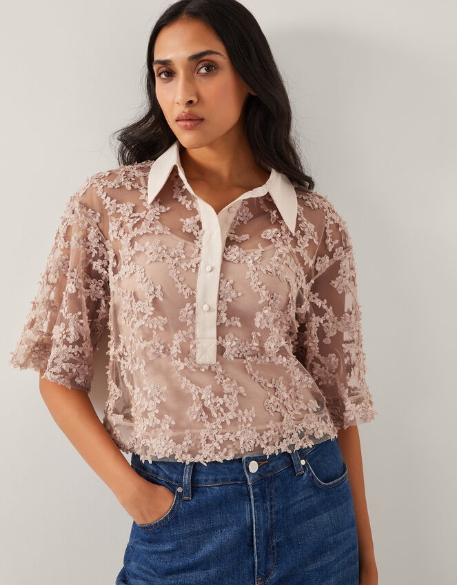 Alanna Sheer Appliqué Shirt, Nude (NUDE), large