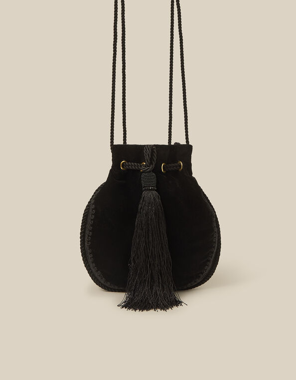 Hope Tassel Velvet Pouch Bag, Black (BLACK), large