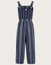 Stripe Belted Jumpsuit in Linen Blend, Blue (NAVY), large