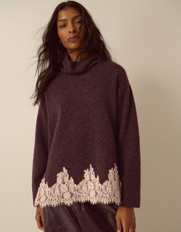 Lana Lace Funnel Neck Jumper, Brown (CHOCOLATE), large