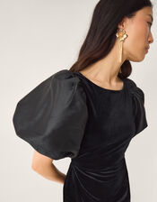 Sadie Puff Sleeve Velvet Midi Dress, Black (BLACK), large