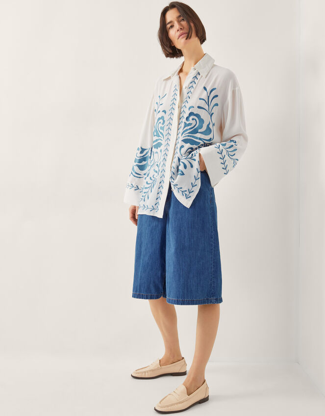 Cora Leaf Embroidered Shirt, White (WHITE), large