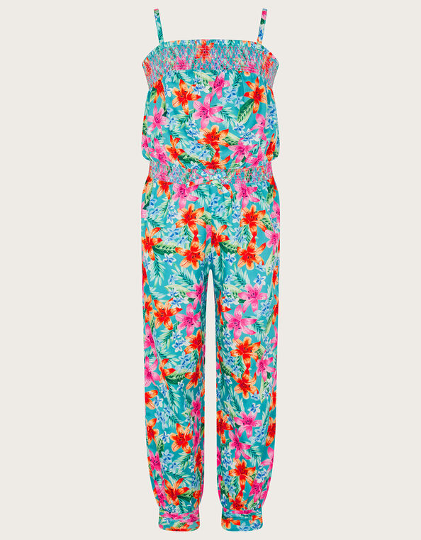 Tropical Shirred Jumpsuit in Recycled Polyester, Green (GREEN), large