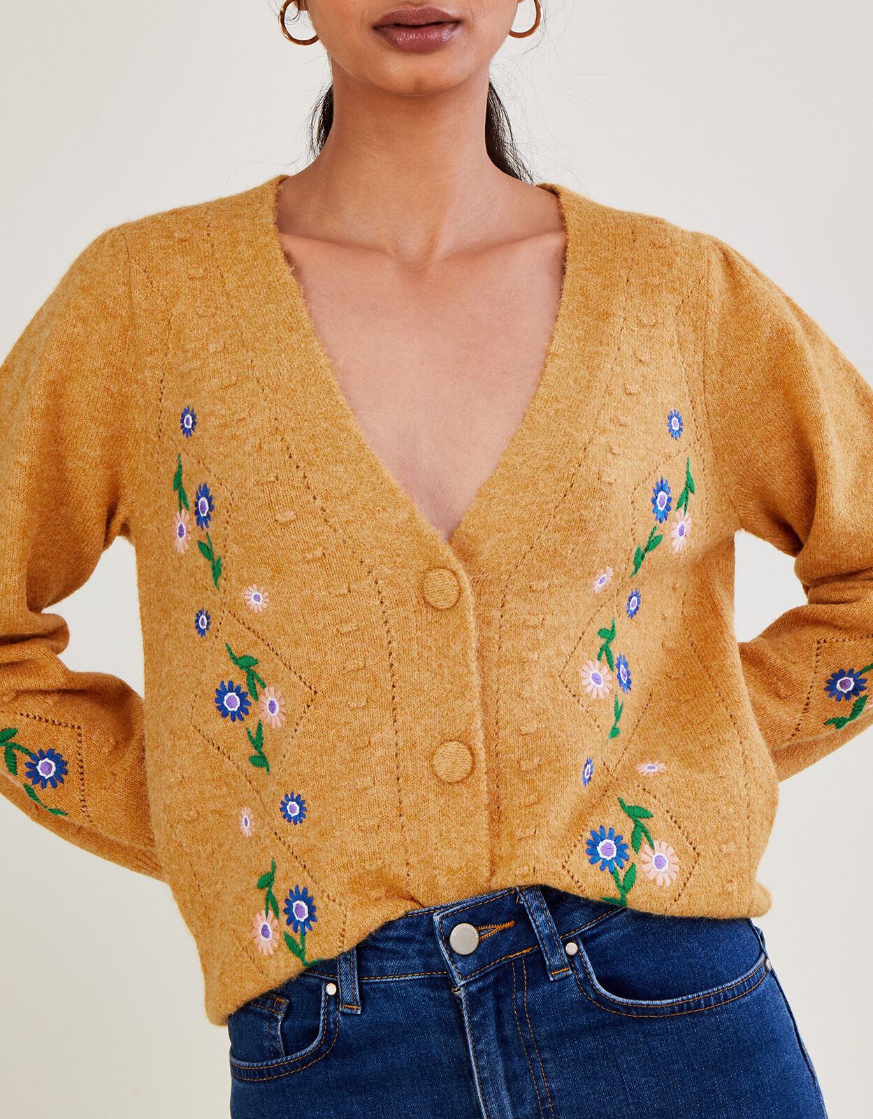 Floral Embroidered Bobble Cardigan with Recycled Polyester Yellow