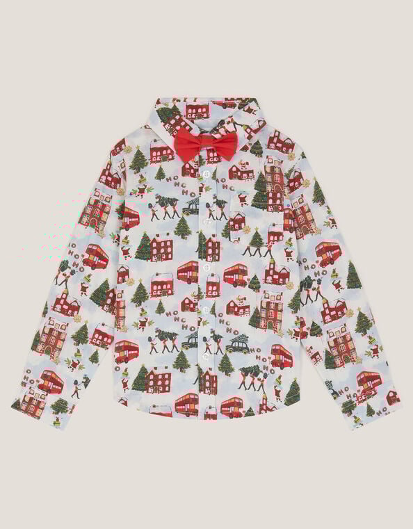 London Christmas Print Shirt & Bow Tie Set, Ivory (IVORY), large