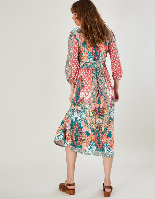 Scarf Print Jersey Dress with Organic Cotton, Orange (RUST), large