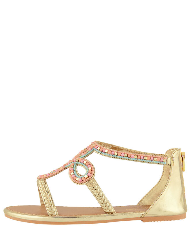 Beaded Plait Strap Sandals, Gold (GOLD), large