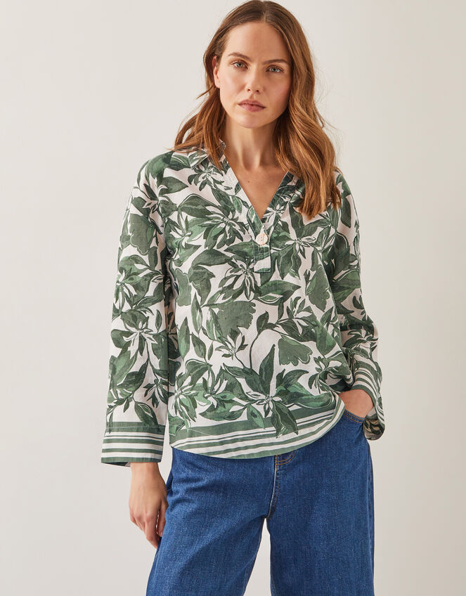 Clover Linen Blend Floral Print Blouse, Green (GREEN), large