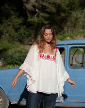 La Galeria Elefante Silver Embroidered Square Neck Top, White (OFF WHITE), large