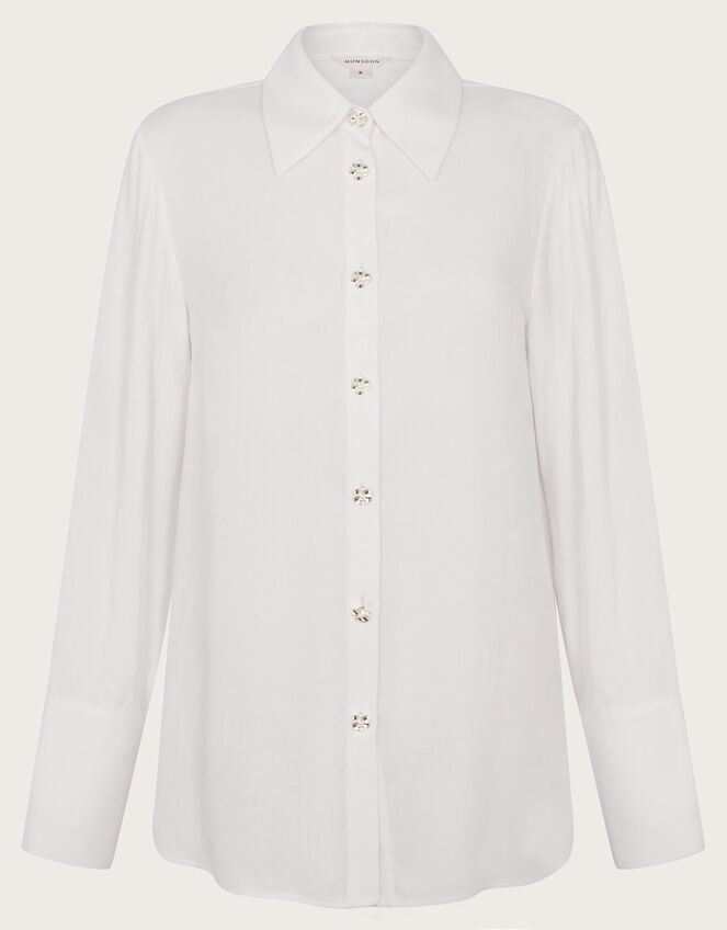Sandra Plain Floral-Button Shirt , Ivory (IVORY), large