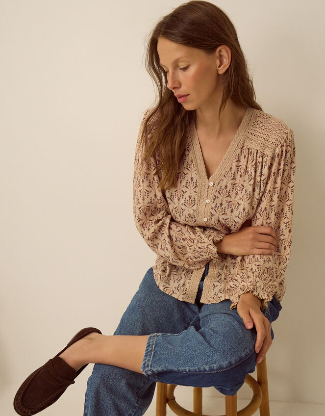 Clementine Lace Print Top, Ivory (IVORY), large