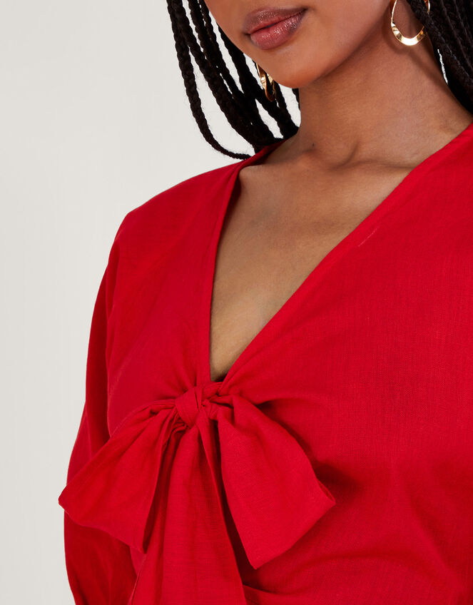 Inez Plain Tie Front Midi Dress, Red (RED), large